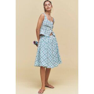 Maeve Drawstring A-Line Cotton Midi Skirt Blue Plaid XL